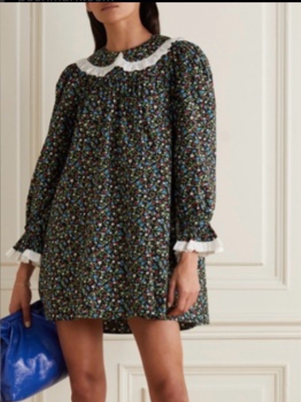 Doen Black Floral Mini Dress with White Peter Pan Collar